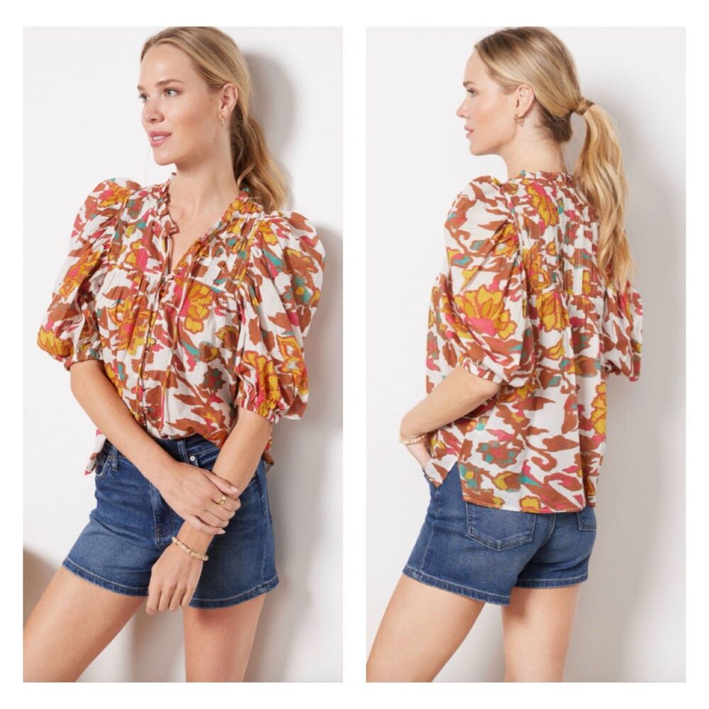 CLEOBELLA Lola Pintuck Blouse in Shea Multi, Organic Cotton, Sz XS